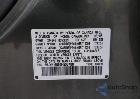 2006 Honda Ridgeline Rtl z USA, uszkodzony, nr VIN 2HJYK16566H507488
